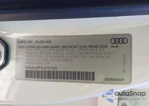 2020 Audi A3 Premium 40 Tfsi Front-Wheel Drive S Tronic z USA, uszkodzony, nr VIN WAUAUGFF3LA101526